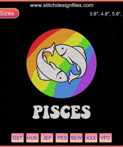 Colorful Pisces Embroidery Designs File - LGBT Zodiac Machine Embroidery Patterns, Vibrant Fish Symbols, Instant Download