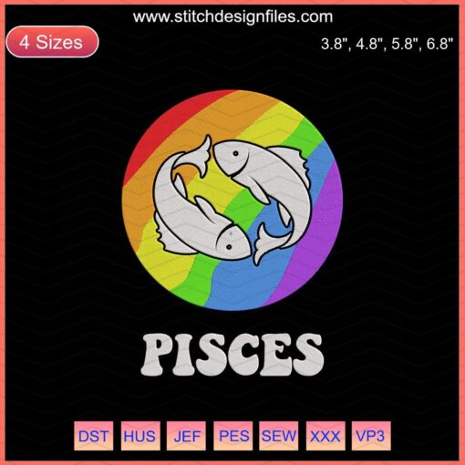 Colorful Pisces Embroidery Designs File - LGBT Zodiac Machine Embroidery Patterns, Vibrant Fish Symbols, Instant Download