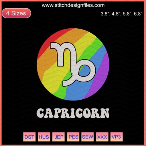 Capricorn Zodiac LGBT Embroidery Design File, Vibrant Machine Embroidery Pattern with Pride Colors, Digital Download