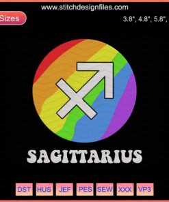 Colorful Sagittarius embroidery design with LGBT pride colors, perfect for machine embroidery enthusiasts. Zodiac embroidery file.