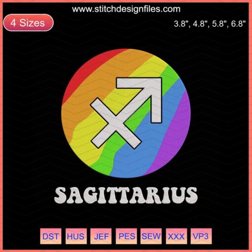 Colorful Sagittarius embroidery design with LGBT pride colors, perfect for machine embroidery enthusiasts. Zodiac embroidery file.