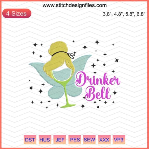 Tinker Bell holding a drinking glass embroidery design file for machine embroidery, digital download, whimsical fairy motif.