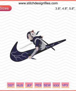 Nike logo with Uchiha Itachi embroidery design, Naruto theme, machine embroidery file, custom apparel embellishment.