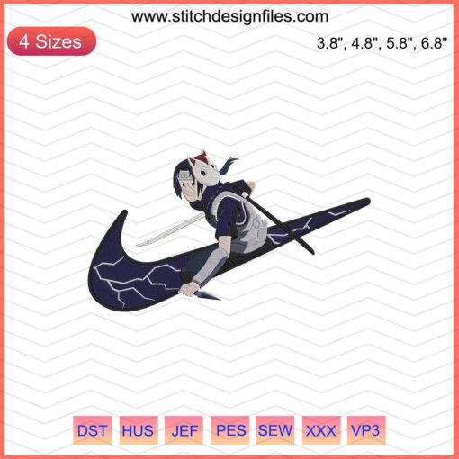 Nike logo with Uchiha Itachi embroidery design, Naruto theme, machine embroidery file, custom apparel embellishment.