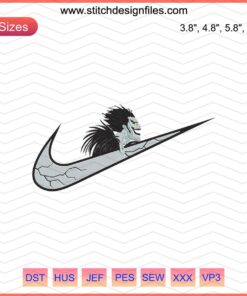 Nike logo featuring Ryuk embroidery design, Death Note machine embroidery file, unique anime clothing design.