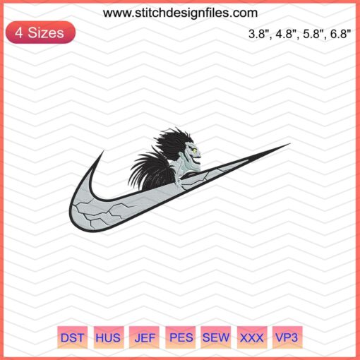 Nike logo featuring Ryuk embroidery design, Death Note machine embroidery file, unique anime clothing design.