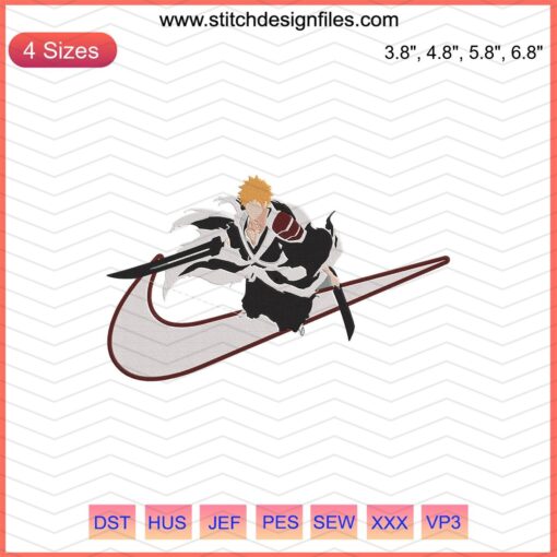 ENike x Ichigo Kurosaki Embroidery File: Bleach-themed machine embroidery design, featuring intricate anime-inspired patterns.