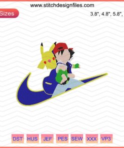 Nike with Pikachu and Satoshi embroidery designs file, featuring Pokemon machine embroidery patterns for crafting.