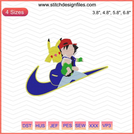 Nike with Pikachu and Satoshi embroidery designs file, featuring Pokemon machine embroidery patterns for crafting.