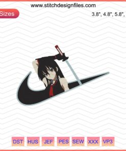 Nike x Akame Embroidery File: Akame Ga Kill-inspired machine embroidery design featuring iconic anime motifs.