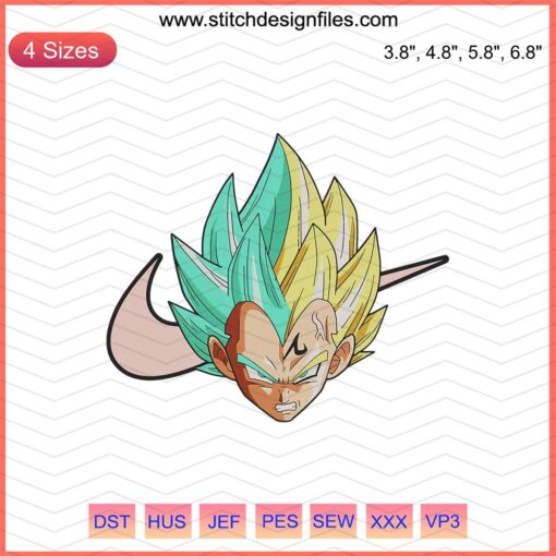 Vegeta embroidery designs for Nike, Dragon Ball Z machine embroidery digital file, anime character stitching pattern.