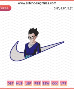 Nike x Vegeta Embroidery Design File: Nike Swoosh, Dragon Ball Vegeta motif, glass bead detailing; machine embroidery pattern.