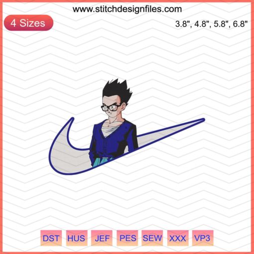 Nike x Vegeta Embroidery Design File: Nike Swoosh, Dragon Ball Vegeta motif, glass bead detailing; machine embroidery pattern.