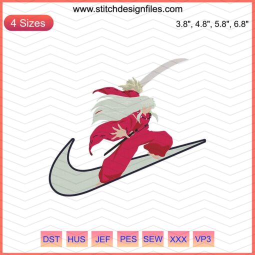 InuYasha-themed machine embroidery design featuring Nike logo, perfect for apparel embellishment; digital download file.