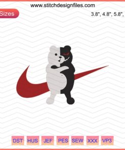Nike x Monokuma Embroidery Design File, featuring Nike logo and Monokuma from Danganronpa for machine embroidery.