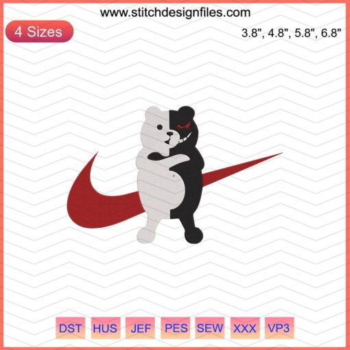 Nike x Monokuma Embroidery Design File, featuring Nike logo and Monokuma from Danganronpa for machine embroidery.