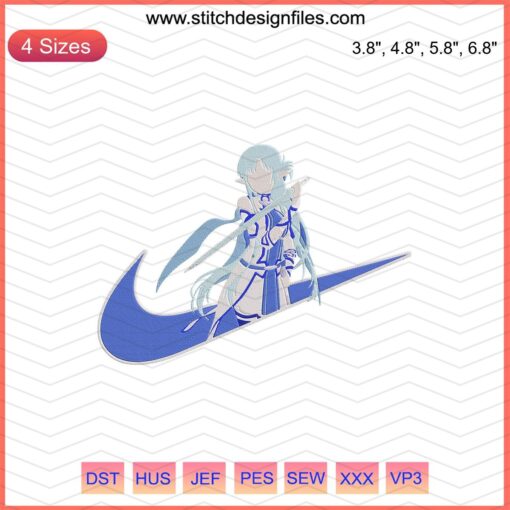 Yuuki Asuna embroidery design, Sword Art Online motifs for Nike gear, digital files for machine embroidery enthusiasts.