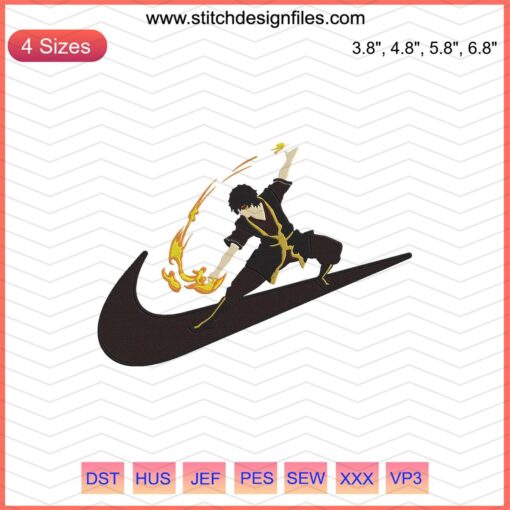 Nike x Zuko Embroidery Design File: Anime Avatar, Machine Embroidery, Nike Anime, Creative Embroidery Patterns