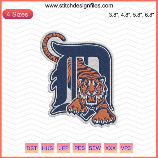 Detroit Tigers Embroidery Design File - Bold D with Tiger Logo, Ideal for Machine Embroidery Projects.