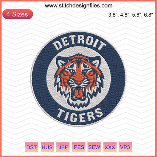 Detroit Tigers embroidery designs file featuring tiger logo, perfect for machine embroidery projects.