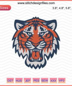 Detroit Tigers embroidery design showcasing a fierce tiger logo, perfect for machine embroidery enthusiasts and sports fans.