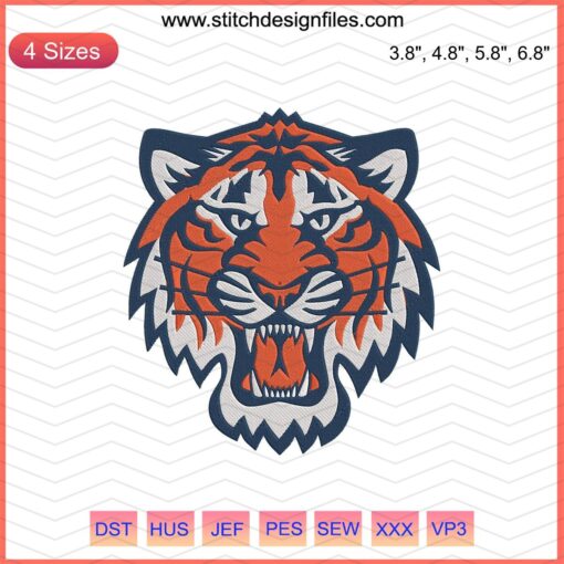 Detroit Tigers embroidery design showcasing a fierce tiger logo, perfect for machine embroidery enthusiasts and sports fans.