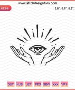 Colorful hand and eye embroidery design file, featuring mystery machine patterns, perfect for unique textile projects.
