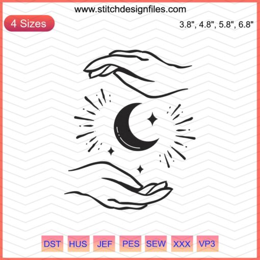 Double Hand And Moon Embroidery File: Intricate Mystery Machine Patterns for Creative Embroidery Projects.