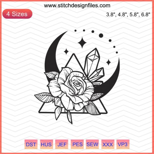 Moon Crystals & Flower Embroidery Designs, Mystical Machine Embroidery Patterns, Unique Stitches, Downloadable File.