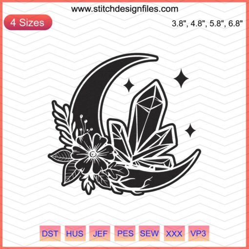 Moon and flower embroidery file, mystery machine designs, celestial floral patterns, digital embroidery art outline.