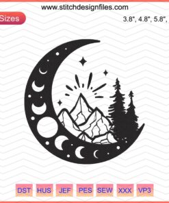 Moon and Mountains Embroidery File, Mystery Machine Themed Designs, Scenic Nature Stitch Pattern, Digital Download Embroidery.