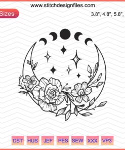 Moon Flowers Embroidery Designs, Mystery Machine Embroidery Download File - Whimsical Floral Patterns, Intricate Craft Design
