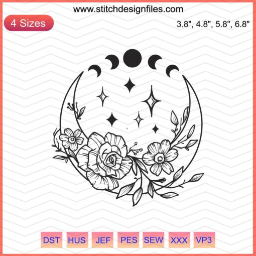 Moon Flowers Embroidery Designs, Mystery Machine Embroidery Download File - Whimsical Floral Patterns, Intricate Craft Design