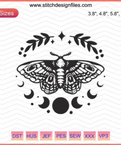 Moth Moon Embroidery Designs File - Intricate Mystery Machine Embroidery Patterns, Detailed Moth and Moon Motifs.