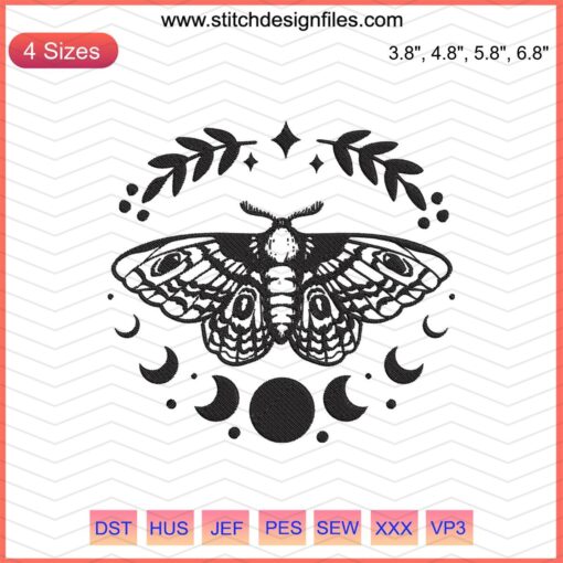 Moth Moon Embroidery Designs File - Intricate Mystery Machine Embroidery Patterns, Detailed Moth and Moon Motifs.