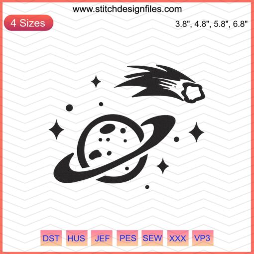 Galaxy-themed embroidery files featuring multiple planets; perfect for embroidering celestial mystery machine designs.