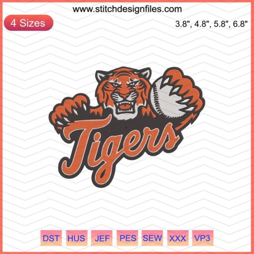 Detroit Tigers embroidery design featuring iconic team logo; perfect for machine embroidery projects, sports-themed crafts.