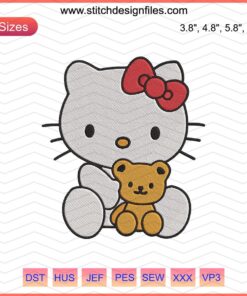 Kitty Bear Embroidery Designs File: Hello Kitty Machine Patterns, Cute Hello Kitty Embroidery, Digital File, Sewing Art