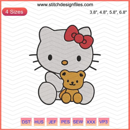 Kitty Bear Embroidery Designs File: Hello Kitty Machine Patterns, Cute Hello Kitty Embroidery, Digital File, Sewing Art