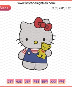 Hello Kitty holding teddy bear embroidery design, downloadable file, cute cartoon pattern, machine embroidery, Kitty Take a Teddy Bear.
