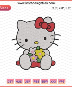 Hello Kitty embroidery design with floral accents, digital file for machine embroidery, Kitty Take A Flower design.