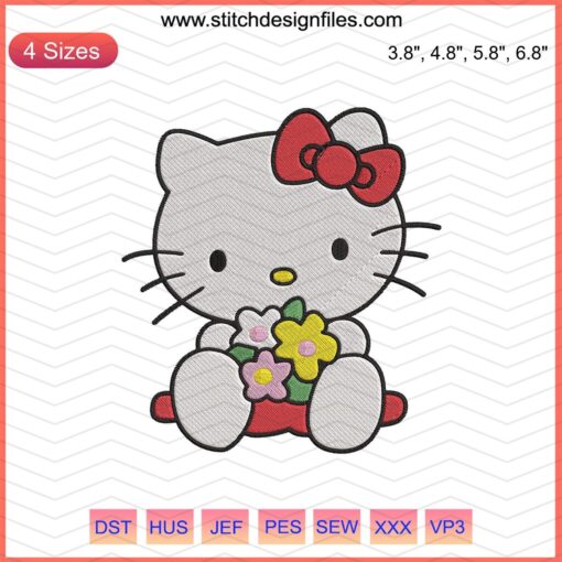 Hello Kitty embroidery design with floral accents, digital file for machine embroidery, Kitty Take A Flower design.