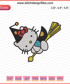 "Kitty Witch Embroidery Designs File: Hello Kitty in witch costume for machine embroidery, Halloween-themed, digital download."