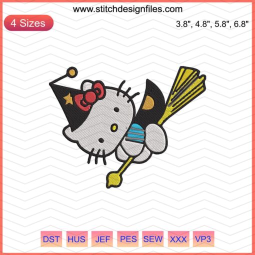"Kitty Witch Embroidery Designs File: Hello Kitty in witch costume for machine embroidery, Halloween-themed, digital download."