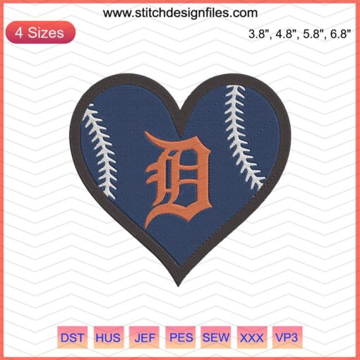 Baseball Heart Logo D Square Embroidery, Detroit Tigers Design, Machine Embroidery File
