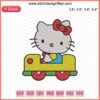 Hello Kitty driving a car embroidery design, machine-ready file, cute kitty auto motif, colorful embroidery pattern.