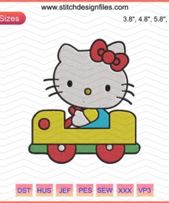 Hello Kitty driving a car embroidery design, machine-ready file, cute kitty auto motif, colorful embroidery pattern.