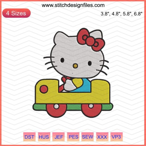 Hello Kitty driving a car embroidery design, machine-ready file, cute kitty auto motif, colorful embroidery pattern.