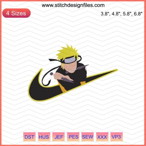 Naruto Skill Nike Embroidery Designs File: Nike logo with Naruto character embroidery design for machine stitching.