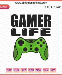 Gamer-themed embroidery design files featuring gaming controllers and icons for machine embroidery projects.